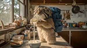 Кот-манул собирает ингредиенты для панкейков нейросеть.