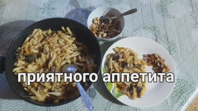 Грибной суп, жареные сыроежки лисички и моховики с картошкой.