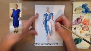 Рисую даму в синем платье