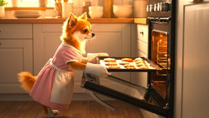 Cozy Moments of Tiny Chihuahua Dog. She bakes cookies.
