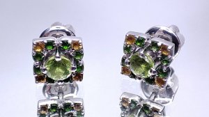 Серьги-пусеты с камнями Хризолит, Хромдиопсид, Цитрин