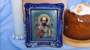 Икона малая Николая Чудотворца, гжельский фарфор
