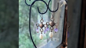 Серьги из меди, аметиста и жемчуга