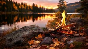 Осеннее волшебство костра — уютная атмосфера 4K на берегу озера для сна, учёбы и отдыха