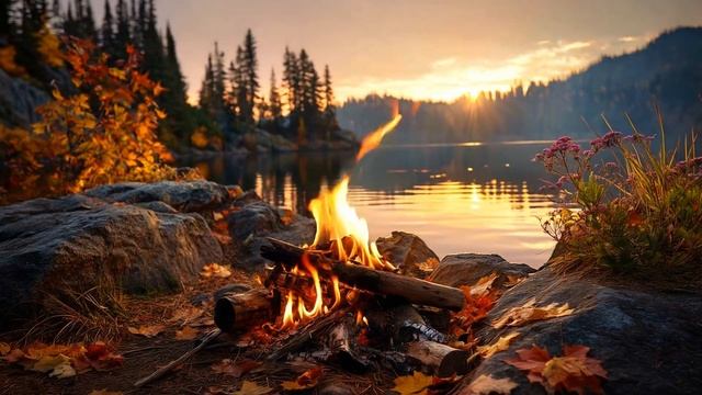 Relaxing Autumn Evening by the Fire — Cozy Lakeside Forest Ambience in 4K