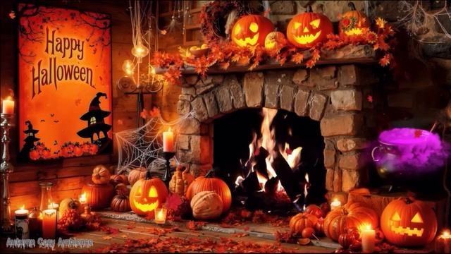 Музыка на Хэллоуин в уютном домике с привидениями, камином и тыквами смотреть онлайн