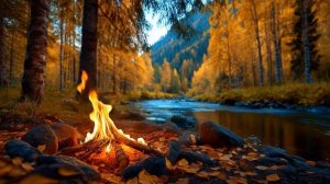 Вы находитесь в тихом осеннем местечке у костра на берегу спокойной реки с нежным журчанием воды.