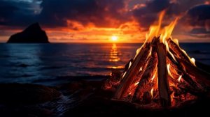 Осень на берегу моря. Закат и Костёр. Звук ночного камина на природе.