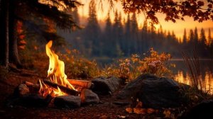 Осенний Камин 4К — Потрескивание костра у озера в осеннем лесу