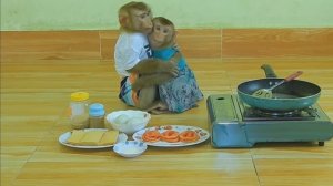 Обезьянки едят ГРЕНКИ С ОВОЩАМИ В КЛЯРЕ Запивают соком по трубочке ДОМАШНИЙ РЕСТОРАН