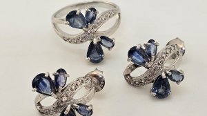 Роскошный комплект синий сапфир +CZ из чистого серебра 925 пробы комплект: серьги + кольцо