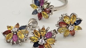 Цветик-Семицветик FANCY сапфир и Рубин & КУБИЧЕСКИЙ цирконий 14K Белая позолота 925 Серебряный набор