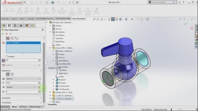 Моделирование потока через шаровый кран клапан в Solidworks CFD