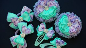 Мятно-сиреневый набор из репсовых лент и кружева (24214)