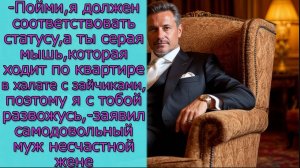 - Я должен соответствовать статусу, а ты серая мышь,поэтому я с тобой развожусь,- заявил муж  жене