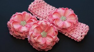Коралловые с серебром бантики-цветы повязка для волос (набор) (24215)