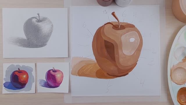 КАК РАСПРЕДЕЛИТЬ СВЕТОТЕНЬ | Упражнение гуашью "Светотеневая схема" на примере яблока смотреть онлайн