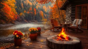 Умиротворяющая атмосфера домика в осеннем лесу 🍂 Уютный костер и успокаивающий шум реки для отдыха