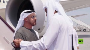 لحظة استقبال أمير قطر لرئيس الإمارات في مطار الدوحة
