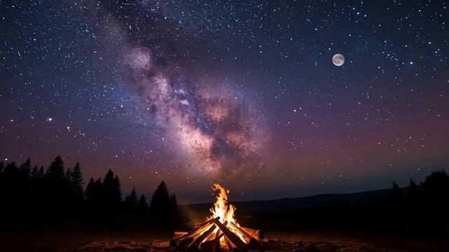 Красивый фон костра со звёздами на небе 4K смотреть онлайн