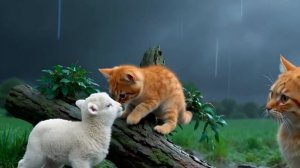 Во время шторма Мама-Кошка и котёнок спасают потерявшегося ягнёнка, проявив смелость и доброту!🐑❤️