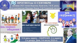 ПРОГНОЗ на 12 СЕНТЯБРЯ, пятницу, день СМИРЕНИЯ, 2025, эпохи Водолея, 5-й К.расы 2й Солнечной системы