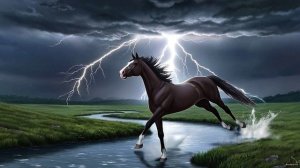 Конь бежит вдоль ручья на фоне грозы с молниями, аниме стиль
