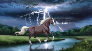 Конь бежит вдоль ручья на фоне грозы с молниями, аниме стиль