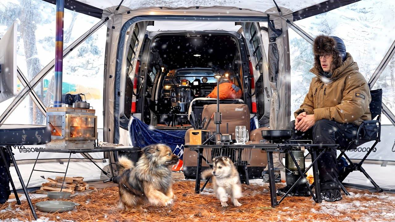 ЗИМНИЙ СНЕЖНЫЙ ЛАГЕРЬ со ЩЕНКОМ ХАСКИ. 60-СЕКУНДНАЯ ПАЛАТКА и ДРОВЯНАЯ ПЕЧЬ смотреть онлайн