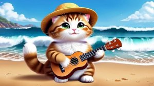 Милый кот в соломенной шляпе играет на маленькой укулеле на фоне пляжа, аниме стиль
