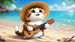 Милый кот в соломенной шляпе играет на маленькой укулеле на фоне пляжа, аниме стиль