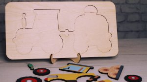 Деревянный пазл - вкладыш с красками по номерам "Трактор"