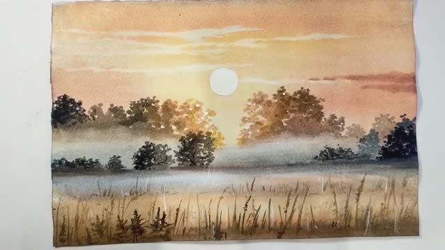 Осенний пейзаж с туманом / Акварель для начинающих смотреть онлайн