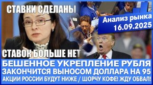 Анализ рынка 16.09 / БЕШЕННОЕ УКРЕПЛЕНИЕ РУБЛЯ, ЗАКОНЧИТСЯ НОВЫМ ВИТКОМ ОБВАЛА / Акции Рф будут ниже