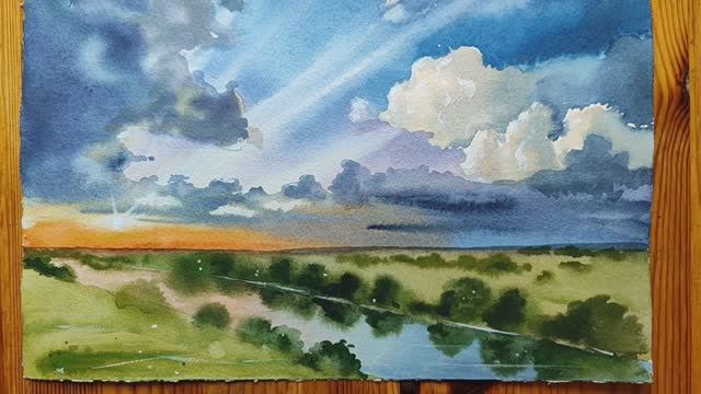 Пейзаж с красивыми облаками акварелью в технике алла прима смотреть онлайн