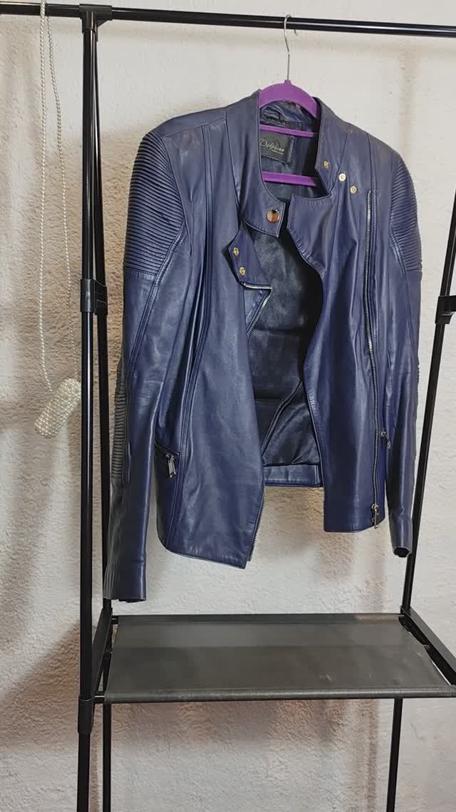 Мотокуртка из натуральной кожи темно синего цвета, размер 40-42