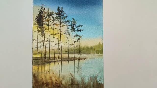 Акварель для начинающих / Пишем пейзаж с соснами смотреть онлайн