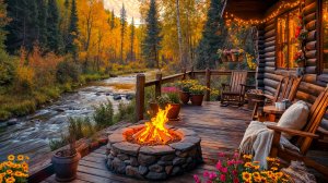 🍁 Уютная Осенняя Атмосфера Веранды на Берегу Реки 🌊 Тёплый Костер, Звуки Текущей Воды и Птиц