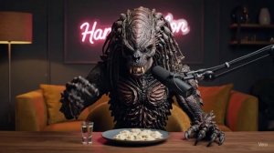 Инопланетянин ест пельмени.