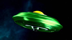 НЛО зелёного цвета с жёлтым над морем.