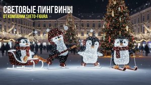 Эффектные световые пингвины в зимних декорациях парка