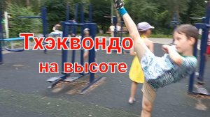 Маленький тхэквондист наносит удар ногой выше меня.