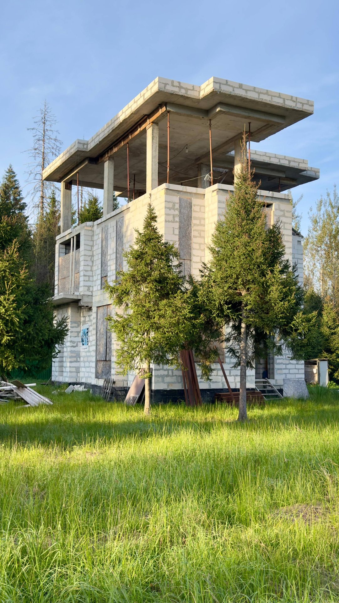 Панорамный дом в окружении леса с видом на закат