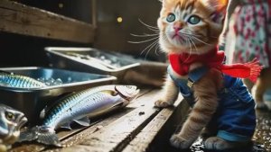 Котенок с мамой пошел на рыбный рынок