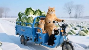 Мама-Рыжая кошка собирает урожай капусты в снежный день😸😺