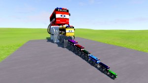 Big & Small Police Bus Lightning Mcqueen Double Monster Saw Wheels vs Trains | BeamNG.drive