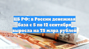 ЦБ РФ: в России денежная база с 5 по 12 сентября выросла на 75 млрд рублей