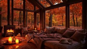 Cozy Autumn Cabin Ambience in the Woods | Jazz Music & Fireplace Sounds for Peaceful Sleep