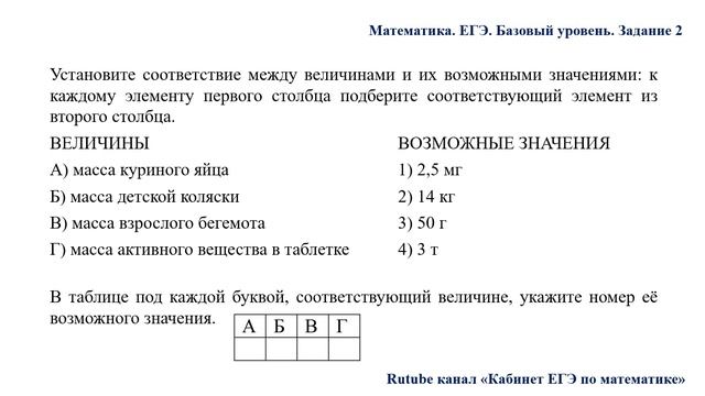 ЕГЭ. Математика. Базовый уровень. Задание 2. Величины и единицы измерения массы