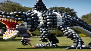 The mascot vibrato assistant Orcalero Dunosaur placed on the football field is popular, co-produced,